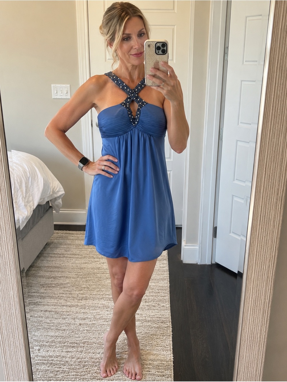 BCBGMAXAZRIA Womens 2 Blue Satin Beaded Cocktail Prom Dress